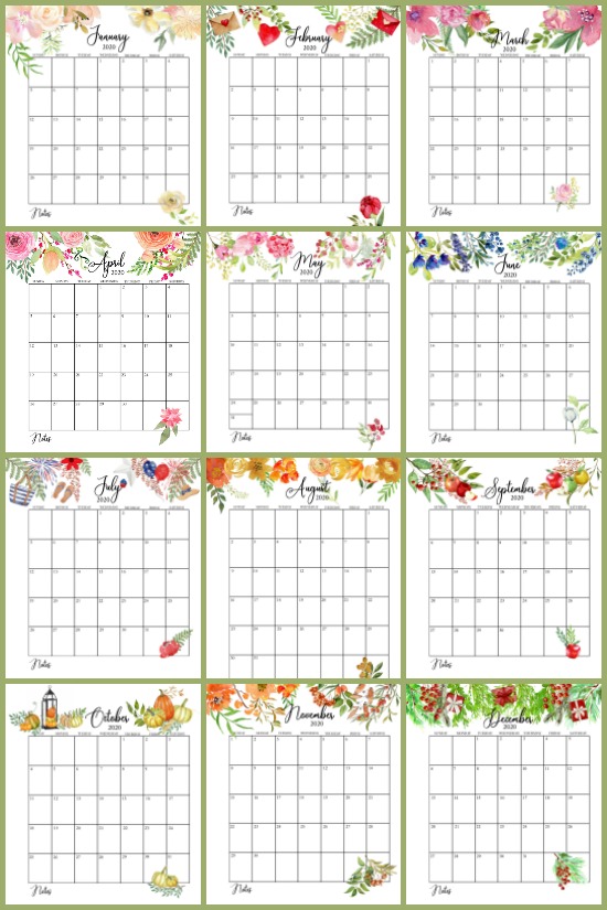 Free Floral 2020 Printable Calendar