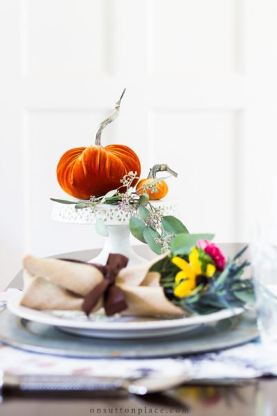 Simple Autumn Table Setting with Burlap Bouquets - On Sutton Place